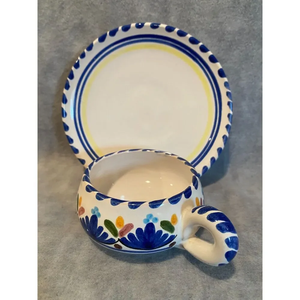 Hand Painted Cup and Saucer Spanish Blue White Rivas on‎ Bottom Spain